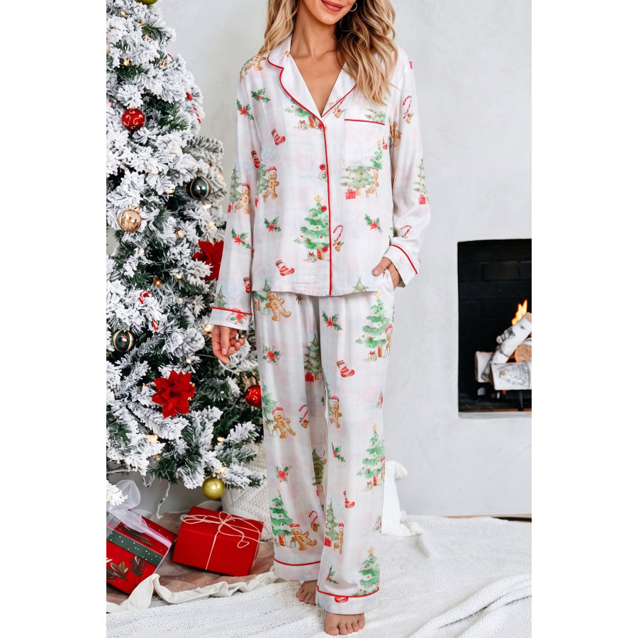 Pink Plaid Snowflake Christmas Gingerbread Man Print Long 2pcs Lounge Set / S / 100% Viscose Loungewear & Sleepwear/Loungewear