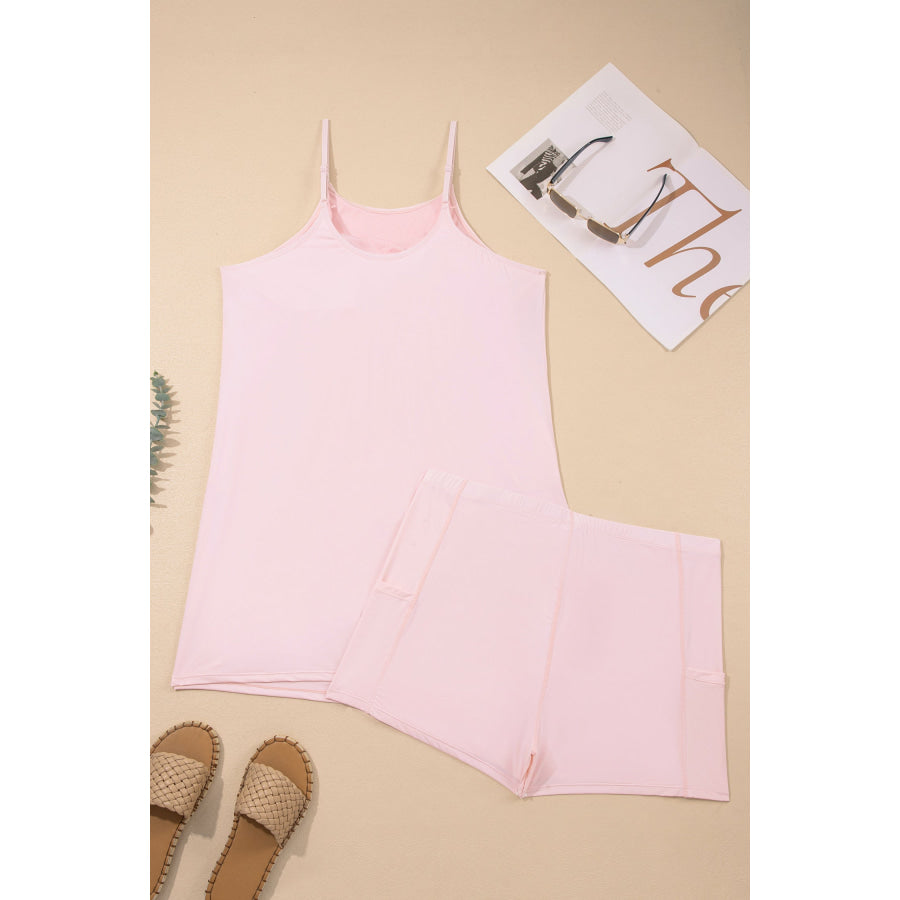 Pink Plus Size Build-in Shorts Sleeveless Dress With Short Two Piece Set Plus Size/Plus Size Loungewear
