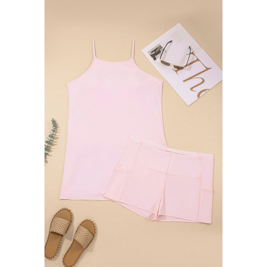 Pink Plus Size Build-in Shorts Sleeveless Dress With Short Two Piece Set Plus Size/Plus Size Loungewear