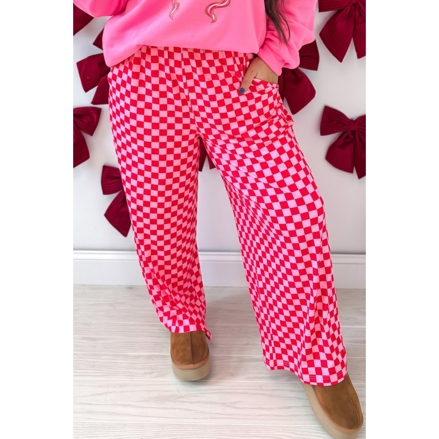 Pink Plus Size Checkered Pattern Loose Casual Pants / 1X Size/Plus Bottoms