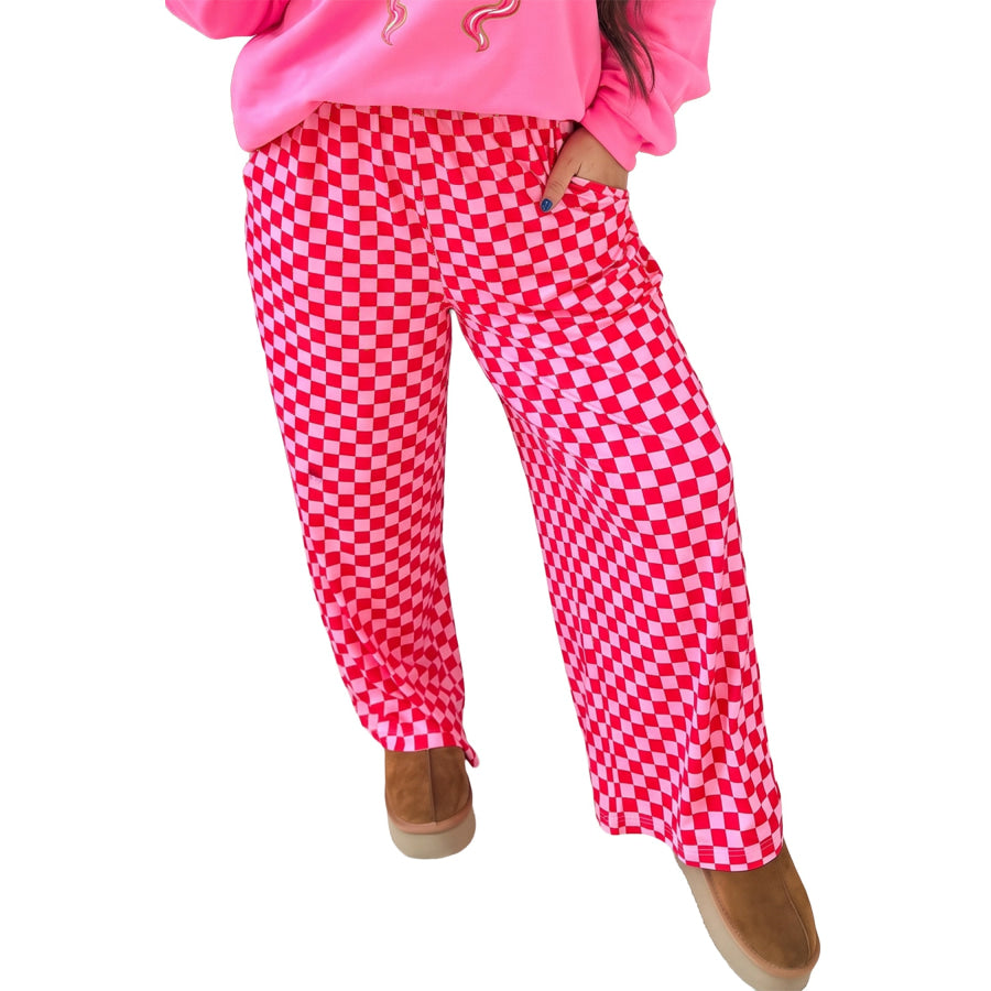 Pink Plus Size Checkered Pattern Loose Casual Pants Size/Plus Bottoms