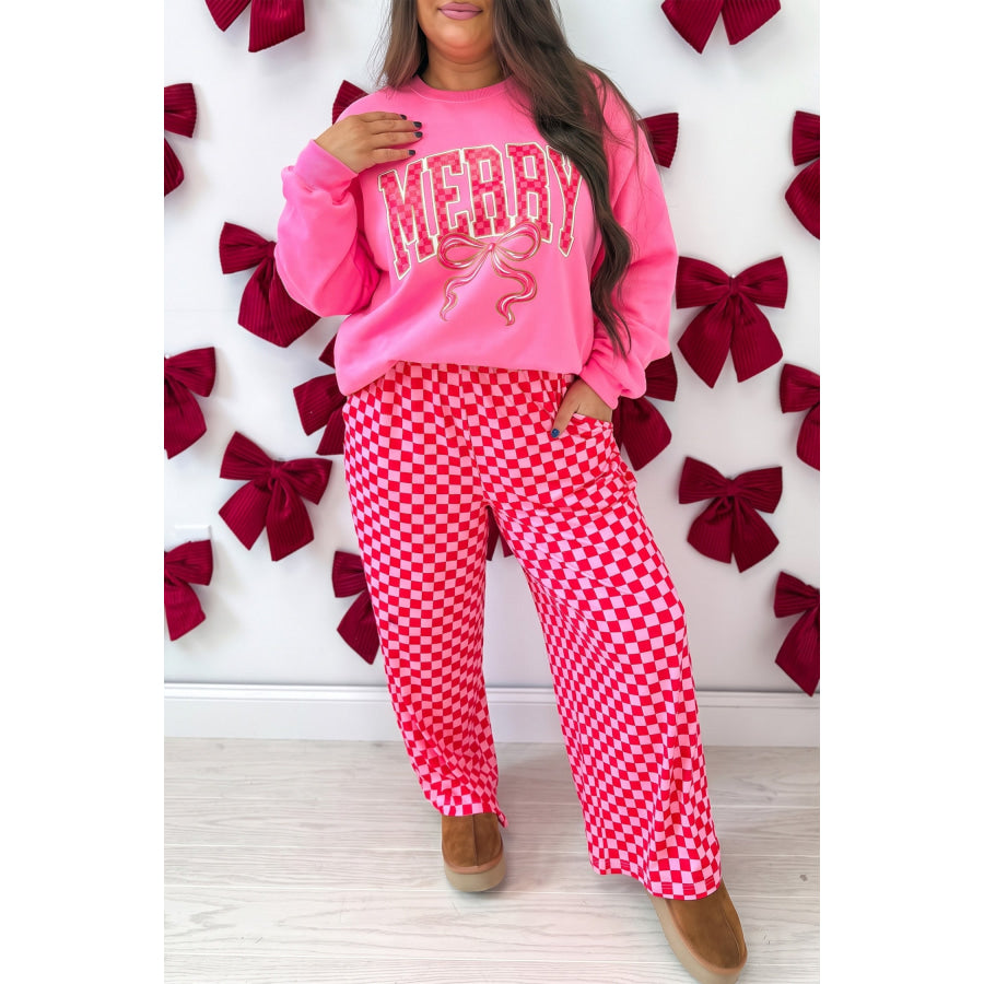 Pink Plus Size Checkered Pattern Loose Casual Pants / 1X Size/Plus Bottoms
