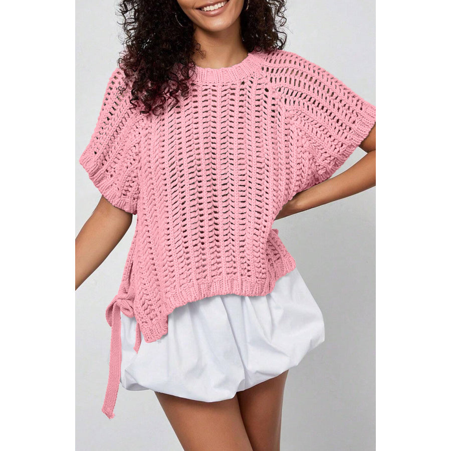 Pink Plus Size Open Knit Bow Tie Short Sleeve Sweater Size/Plus Tops/Plus Tops & Tees