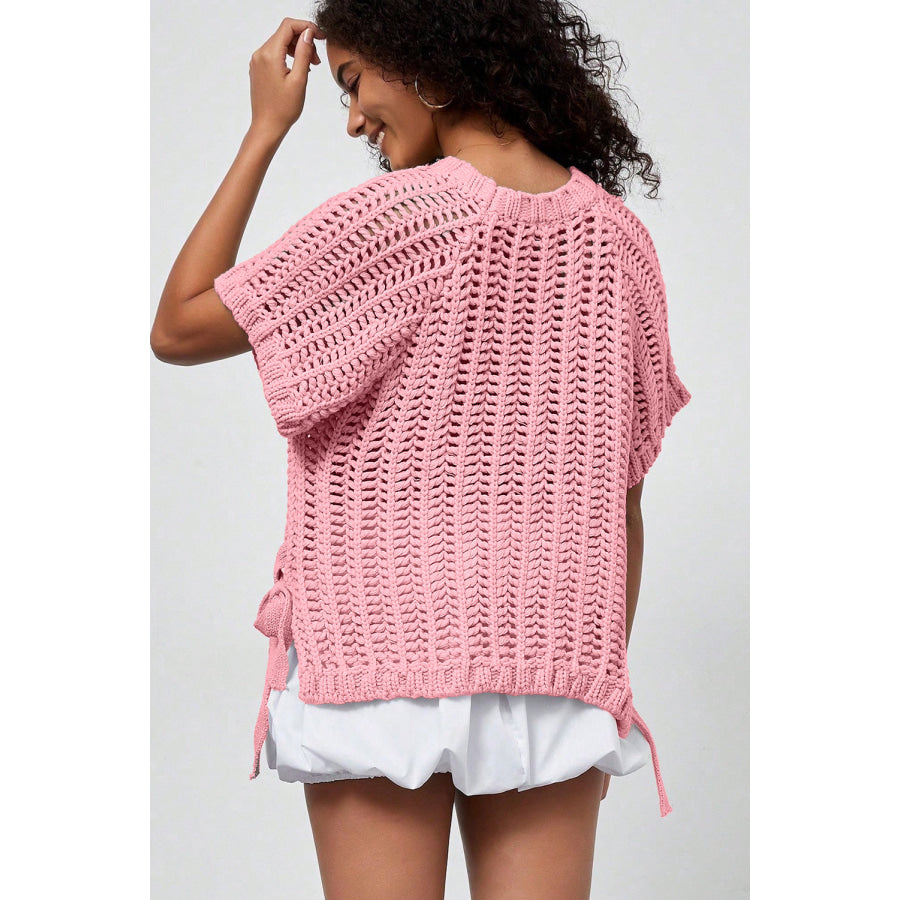 Pink Plus Size Open Knit Bow Tie Short Sleeve Sweater Size/Plus Tops/Plus Tops & Tees