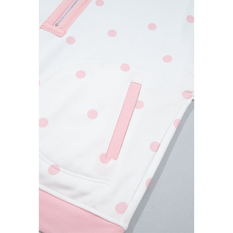 Pink Polka Dot Half Zip Drop Shoulder Relaxed Sweatshirt Tops/Sweatshirts & Hoodies