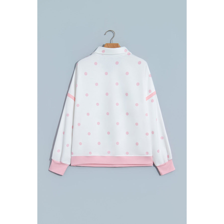 Pink Polka Dot Half Zip Drop Shoulder Relaxed Sweatshirt Tops/Sweatshirts & Hoodies