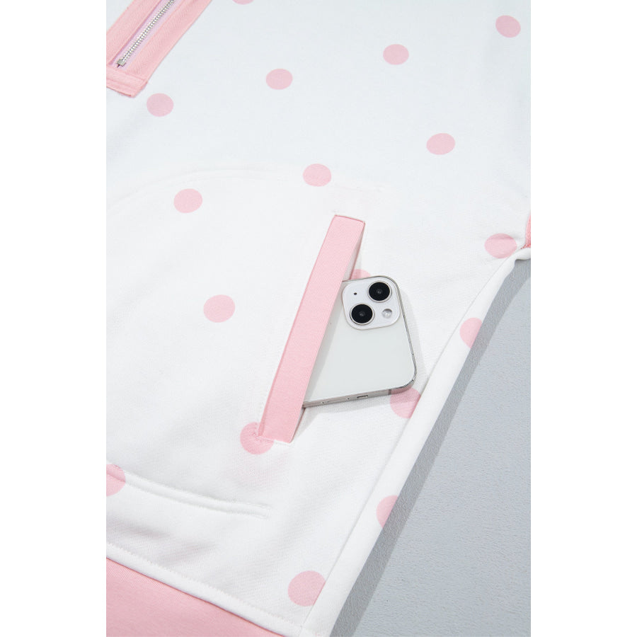 Pink Polka Dot Half Zip Drop Shoulder Relaxed Sweatshirt Tops/Sweatshirts & Hoodies