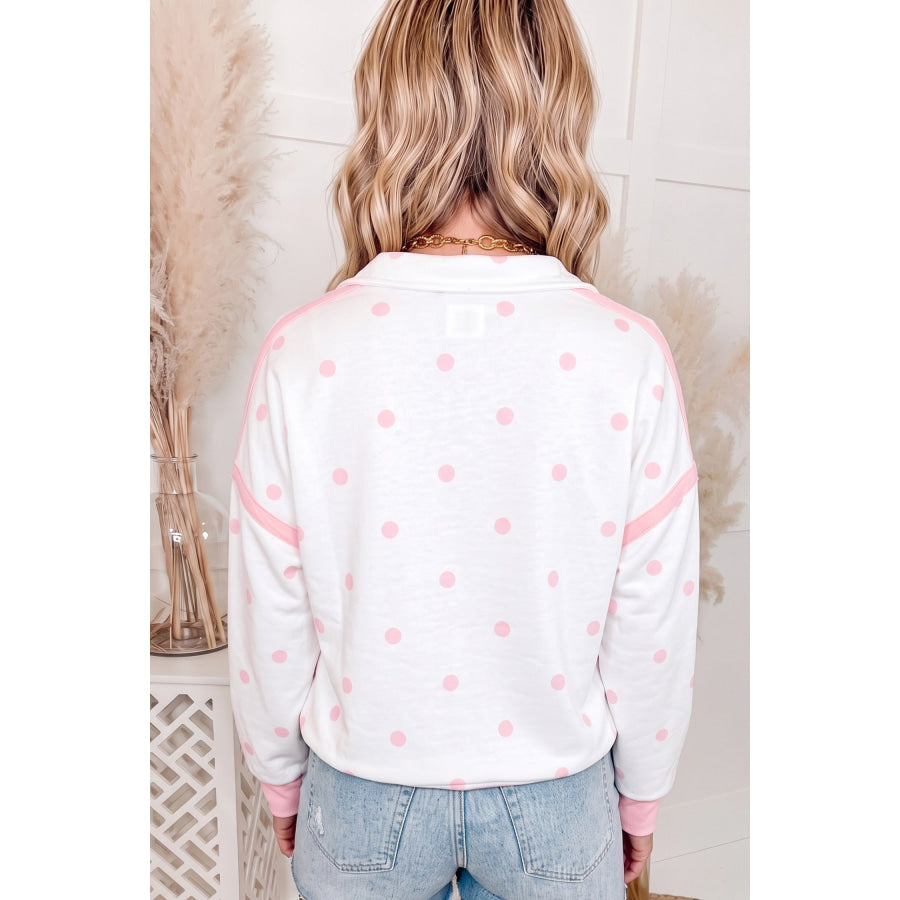 Pink Polka Dot Half Zip Drop Shoulder Relaxed Sweatshirt Tops/Sweatshirts & Hoodies