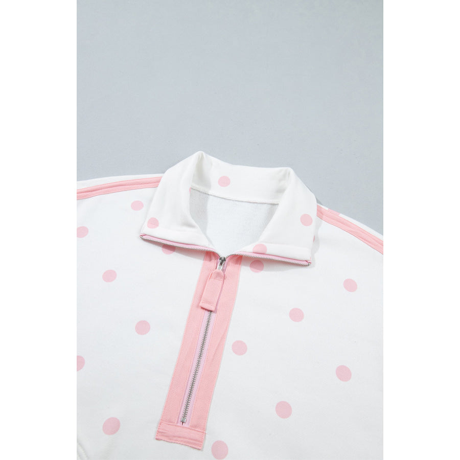 Pink Polka Dot Half Zip Drop Shoulder Relaxed Sweatshirt Tops/Sweatshirts & Hoodies
