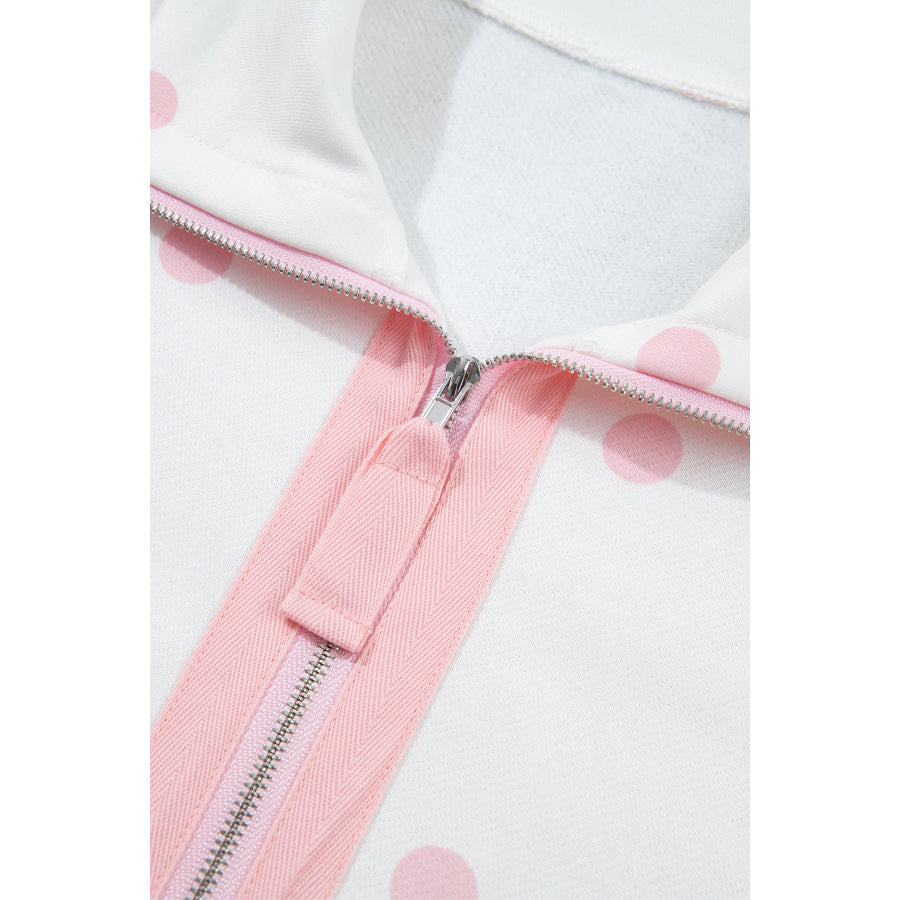 Pink Polka Dot Half Zip Drop Shoulder Relaxed Sweatshirt Tops/Sweatshirts & Hoodies