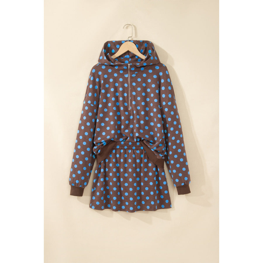 Pink Polka Dot Hooded Long Sleeve Top Casual Mini Skort Set Two Piece Sets/Two Dresses