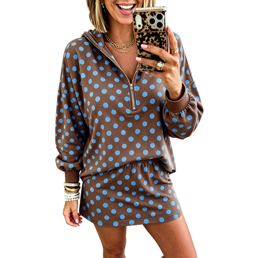 Pink Polka Dot Hooded Long Sleeve Top Casual Mini Skort Set Two Piece Sets/Two Dresses