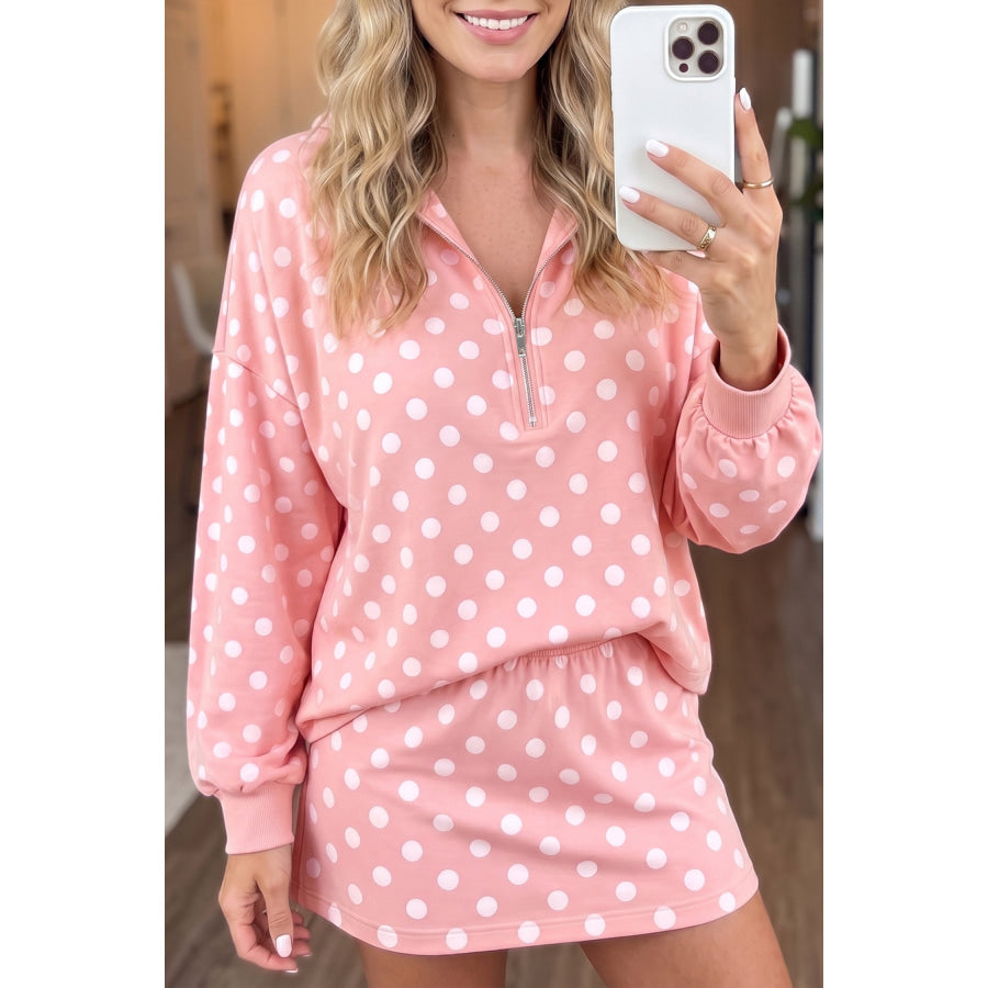 Pink Polka Dot Hooded Long Sleeve Top Casual Mini Skort Set Two Piece Sets/Two Dresses