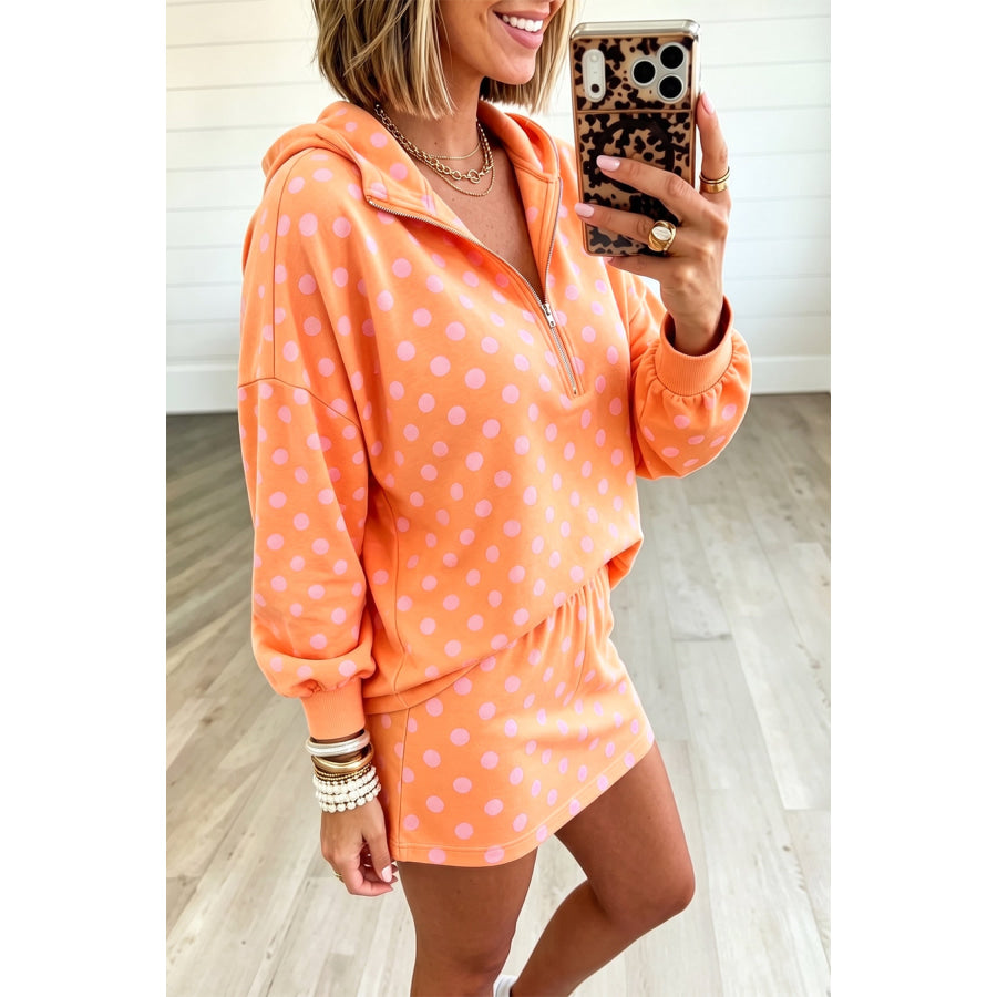 Pink Polka Dot Hooded Long Sleeve Top Casual Mini Skort Set Two Piece Sets/Two Dresses