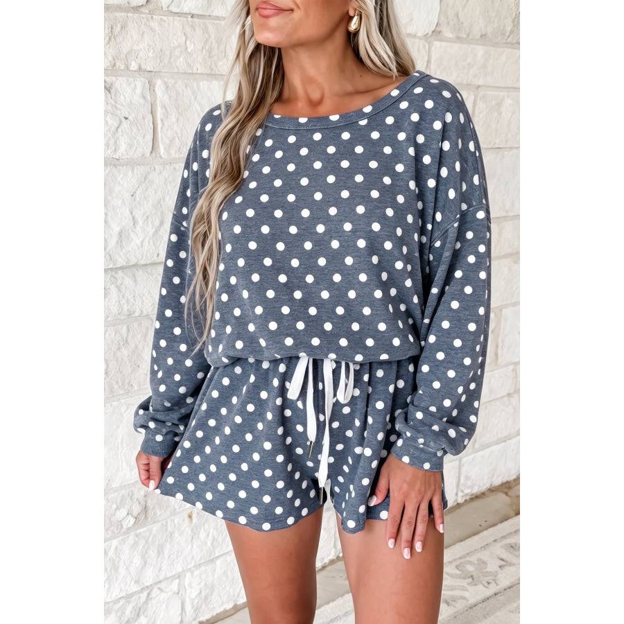 Pink Polka Dot Long Sleeve Top Drawstring Shorts Loose 2pcs Set Gray / S / 95% Polyester + 5% Elastane Two Piece Sets/Short Sets