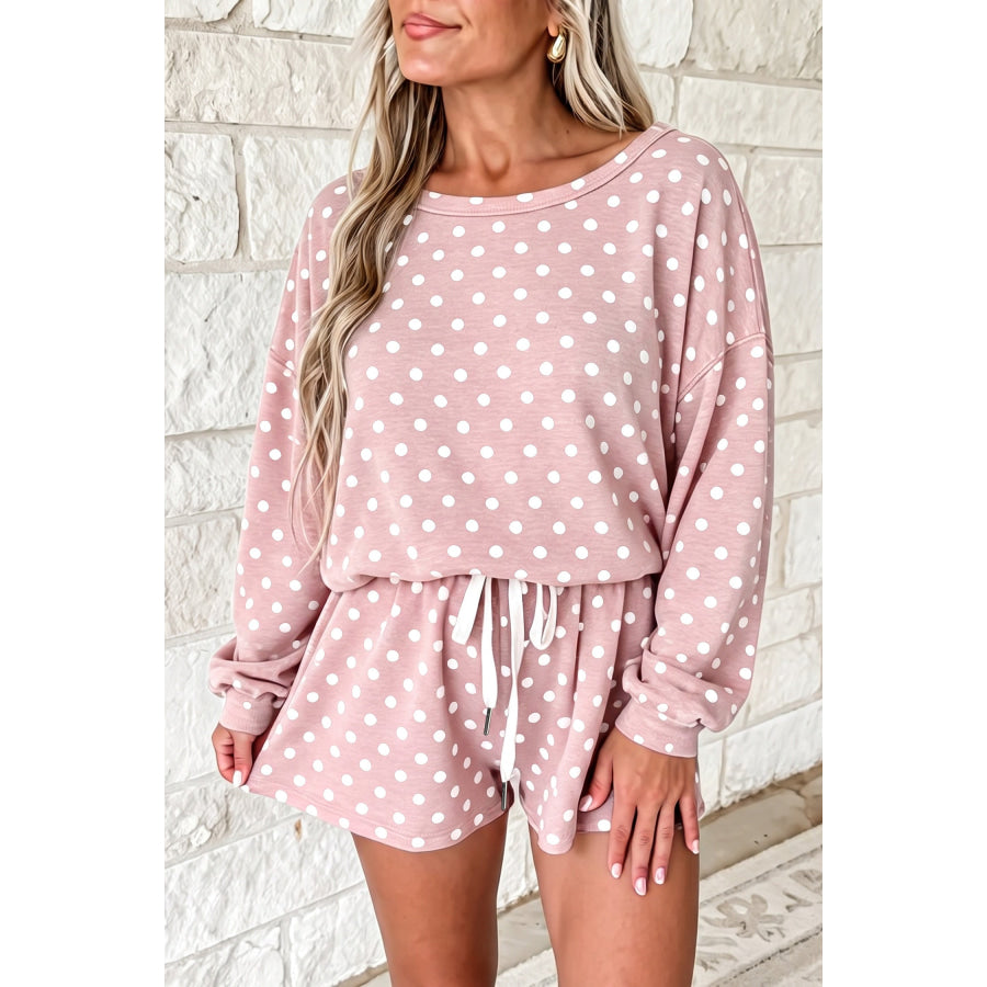 Pink Polka Dot Long Sleeve Top Drawstring Shorts Loose 2pcs Set / S / 95% Polyester + 5% Elastane Two Piece Sets/Short Sets