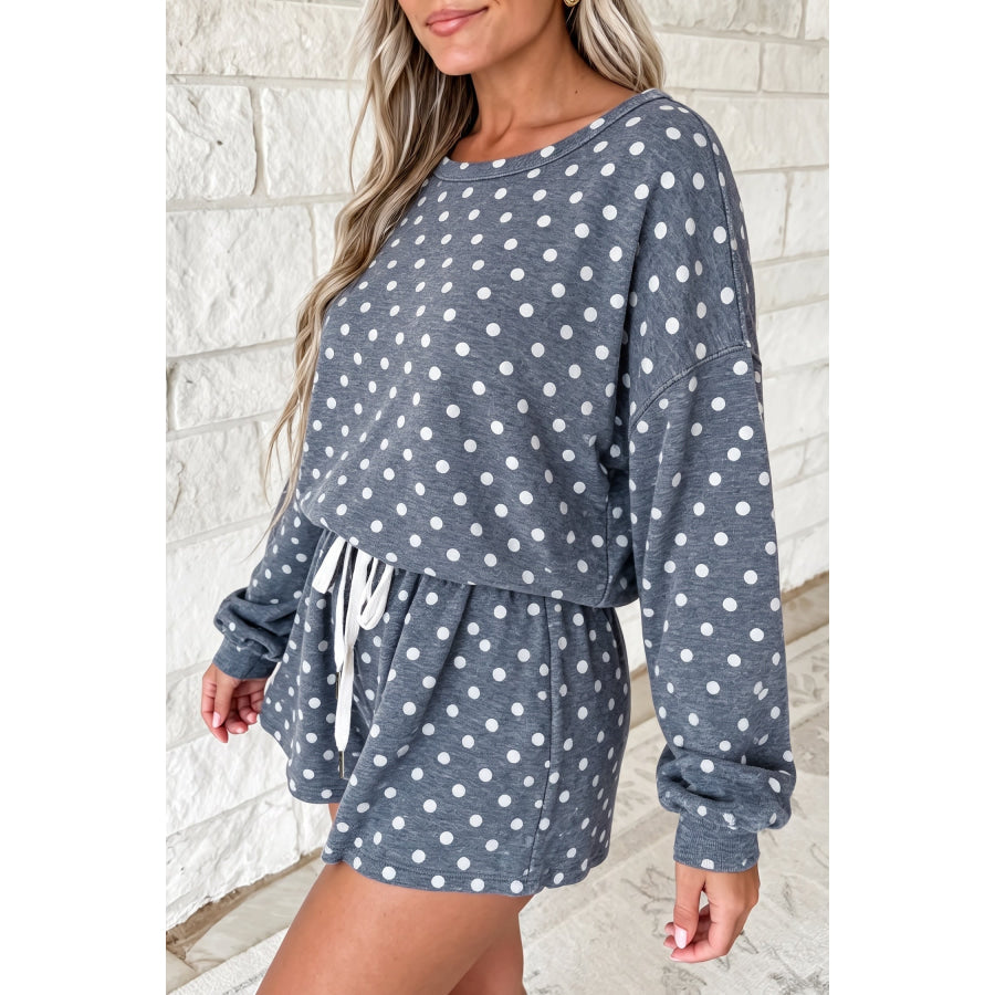 Pink Polka Dot Long Sleeve Top Drawstring Shorts Loose 2pcs Set Two Piece Sets/Short Sets