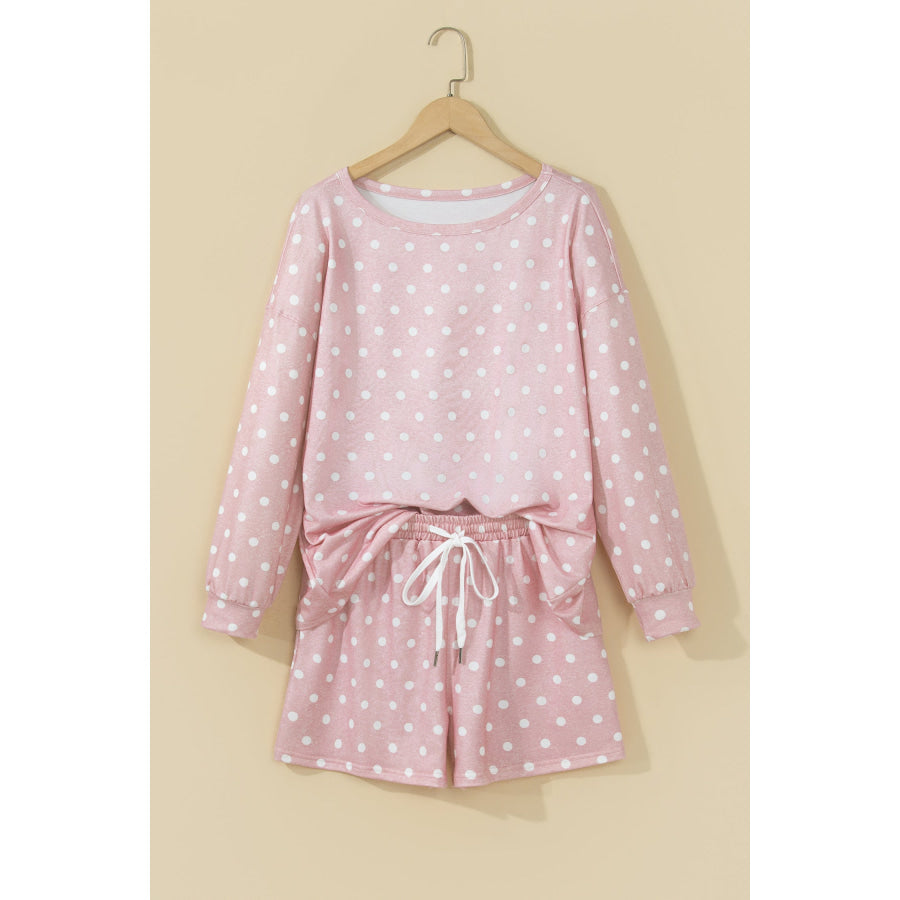 Pink Polka Dot Long Sleeve Top Drawstring Shorts Loose 2pcs Set Two Piece Sets/Short Sets