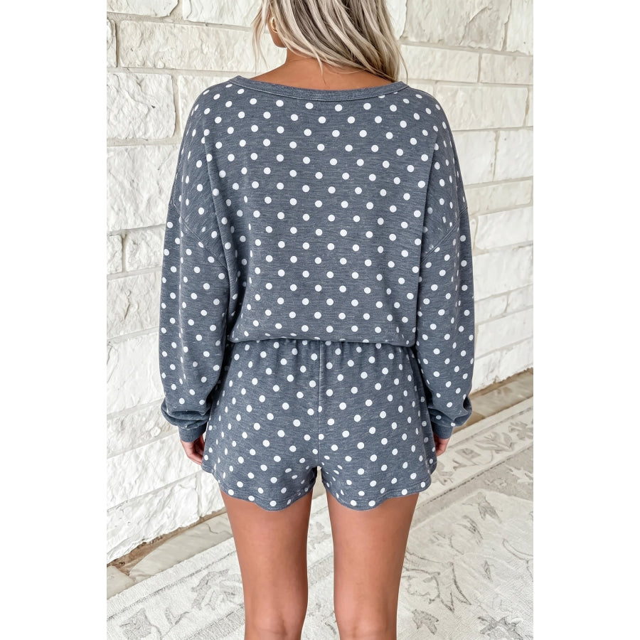 Pink Polka Dot Long Sleeve Top Drawstring Shorts Loose 2pcs Set Two Piece Sets/Short Sets