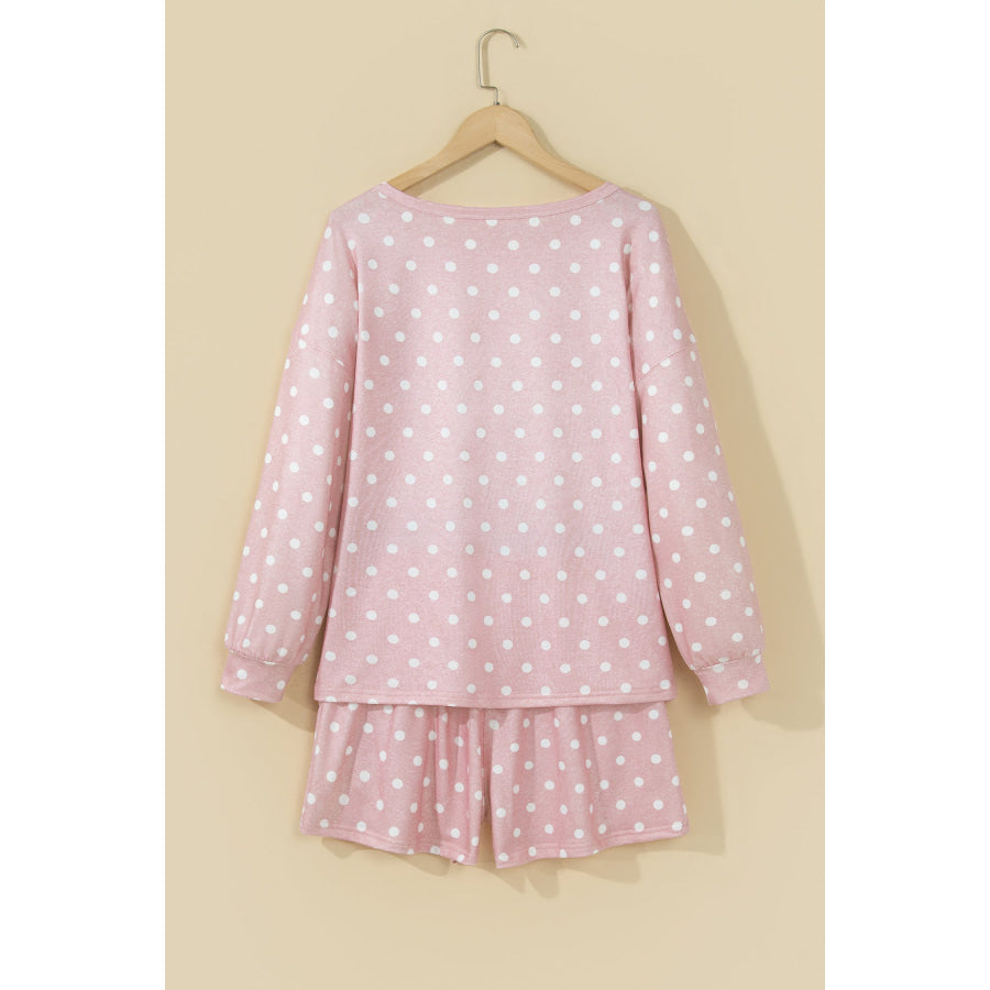 Pink Polka Dot Long Sleeve Top Drawstring Shorts Loose 2pcs Set Two Piece Sets/Short Sets