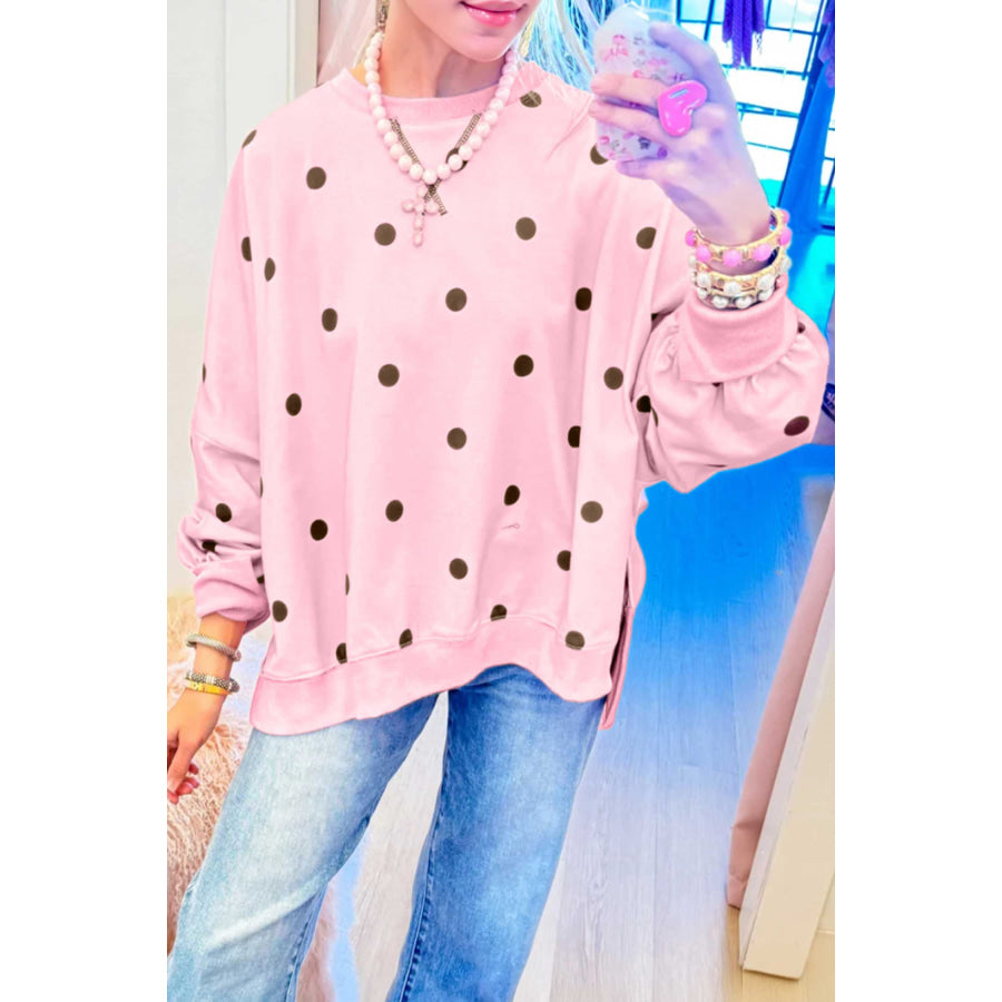 Pink Polka Dot Loose Long Sleeve Split Hem Pullover Top / S / 95% Polyester + 5% Elastane Tops/Long Tops