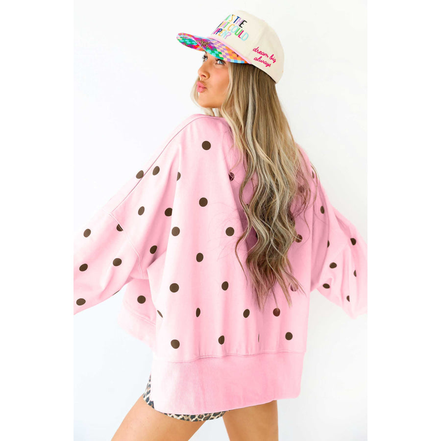 Pink Polka Dot Loose Long Sleeve Split Hem Pullover Top Tops/Long Tops