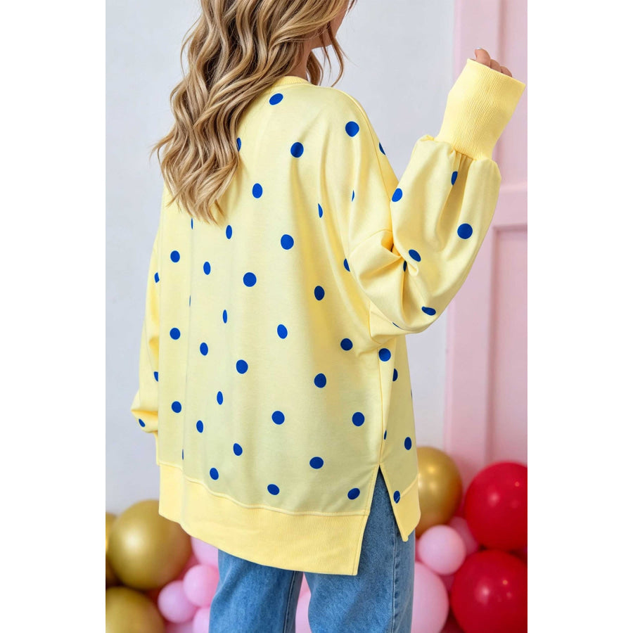 Pink Polka Dot Loose Long Sleeve Split Hem Pullover Top Tops/Long Tops