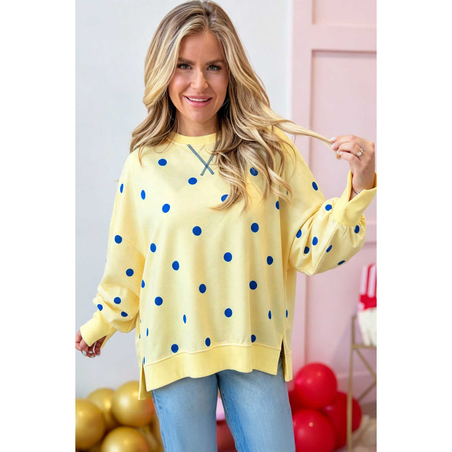 Pink Polka Dot Loose Long Sleeve Split Hem Pullover Top Tops/Long Tops