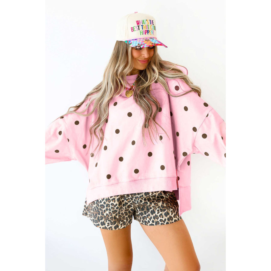 Pink Polka Dot Loose Long Sleeve Split Hem Pullover Top Tops/Long Tops