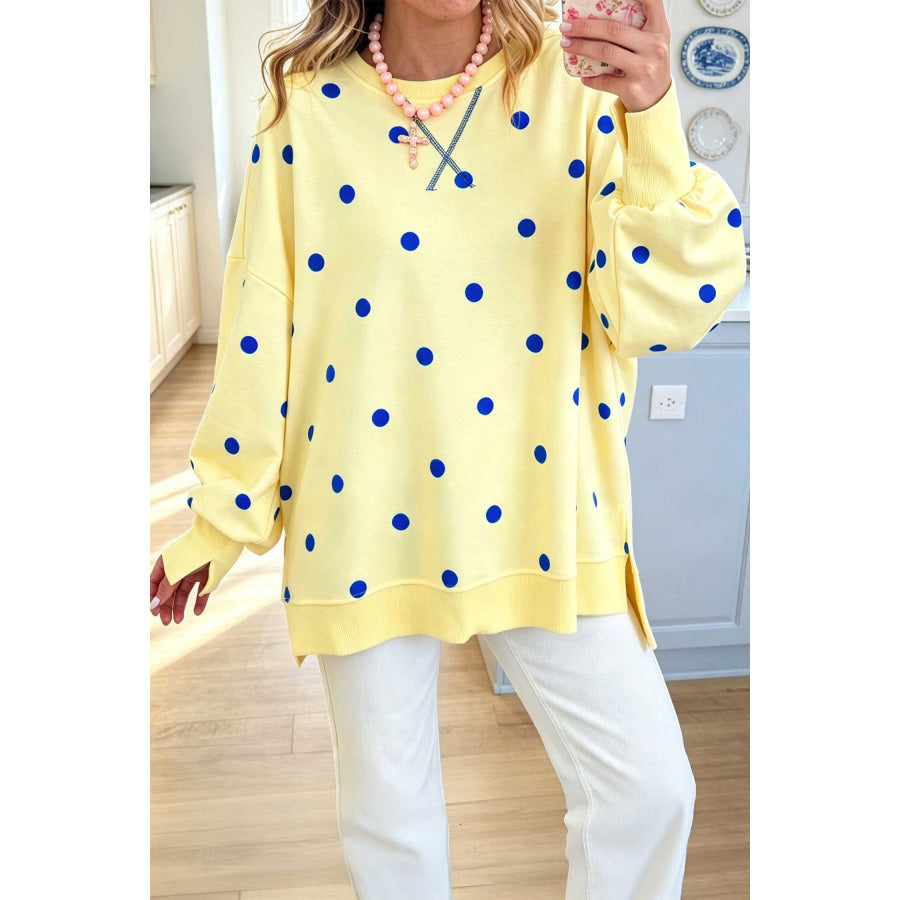 Pink Polka Dot Loose Long Sleeve Split Hem Pullover Top Yellow / S / 95% Polyester + 5% Elastane Tops/Long Tops