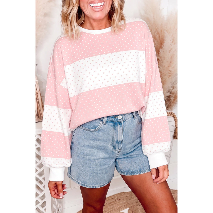 Pink Polka Dot Patchwork Colorblock Long Sleeve Top / S / 95% Polyester + 5% Elastane Tops/Long Tops