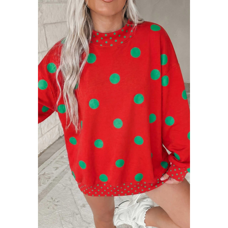 Pink Polka Dot Print Contrast Detail Oversized Tunic Sweatshirt Red / S Tops/Sweatshirts & Hoodies