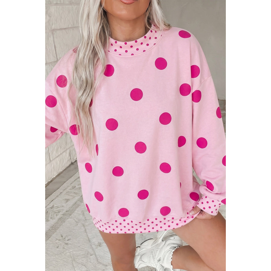 Pink Polka Dot Print Contrast Detail Oversized Tunic Sweatshirt Pink / S Tops/Sweatshirts & Hoodies