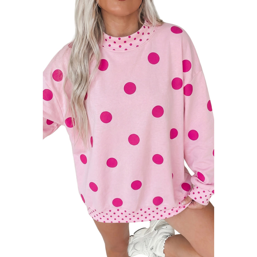Pink Polka Dot Print Contrast Detail Oversized Tunic Sweatshirt Pink / S Tops/Sweatshirts & Hoodies
