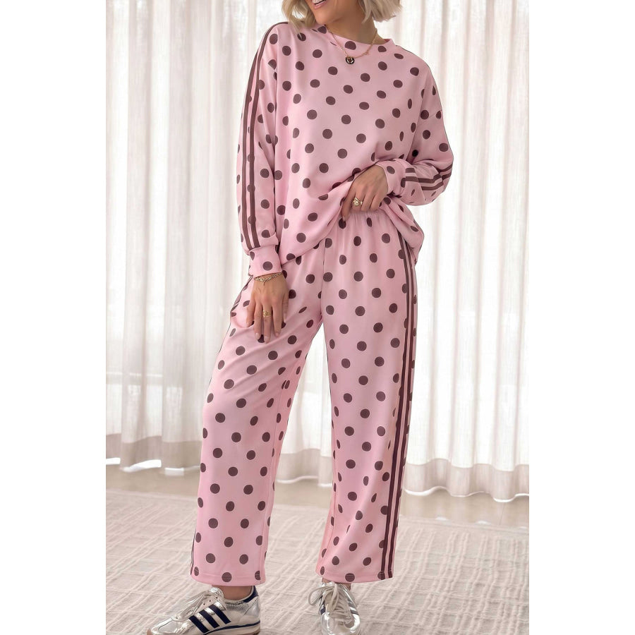 Pink Polka Dot Print Side Stripe Detail Long Sleeve Top Casual Pant Set / S Two Piece Sets/Pant Sets