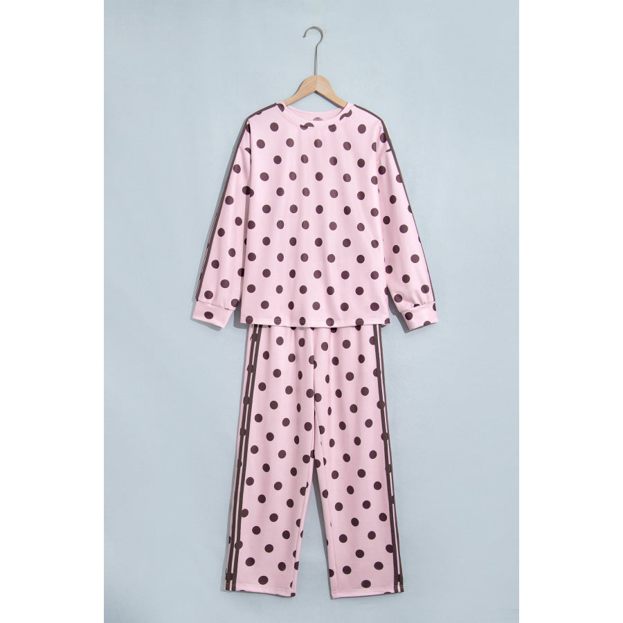 Pink Polka Dot Print Side Stripe Detail Long Sleeve Top Casual Pant Set Two Piece Sets/Pant Sets