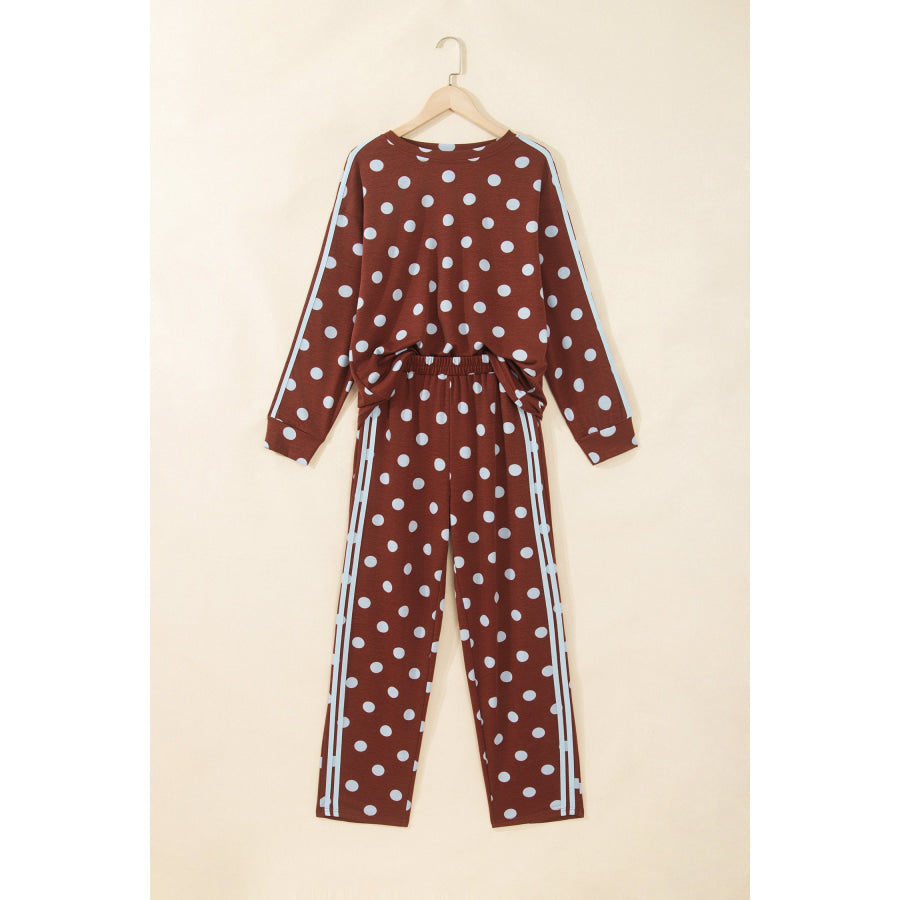 Pink Polka Dot Print Side Stripe Detail Long Sleeve Top Casual Pant Set Two Piece Sets/Pant Sets