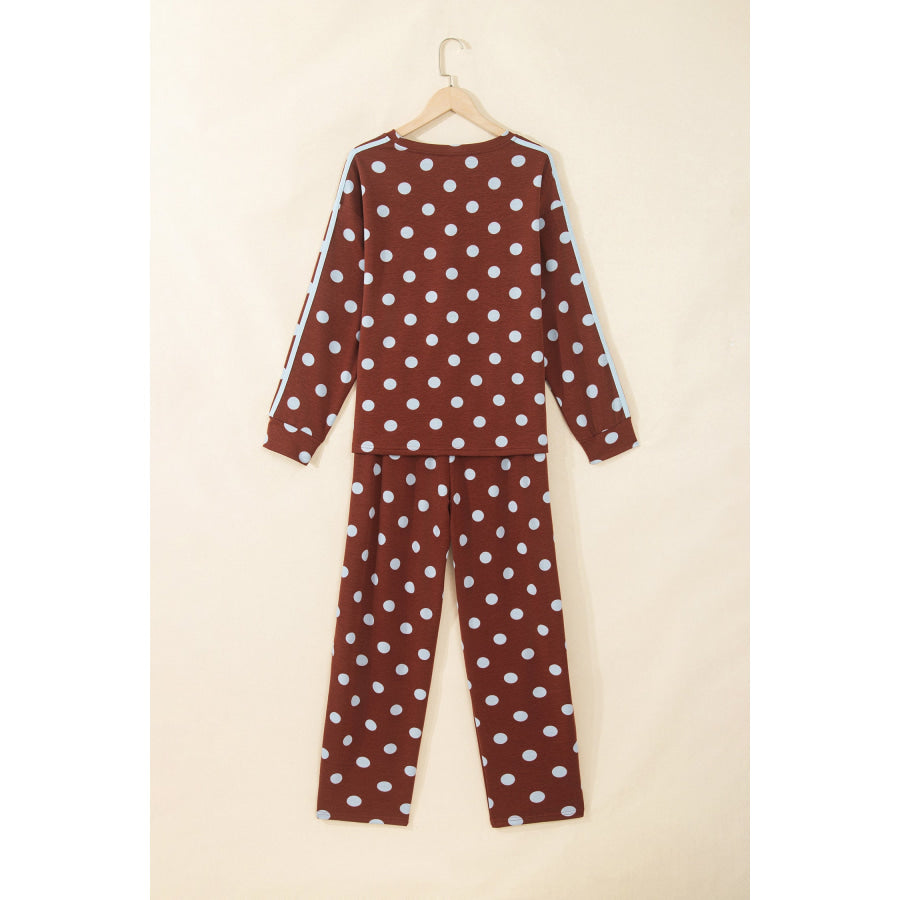 Pink Polka Dot Print Side Stripe Detail Long Sleeve Top Casual Pant Set Two Piece Sets/Pant Sets