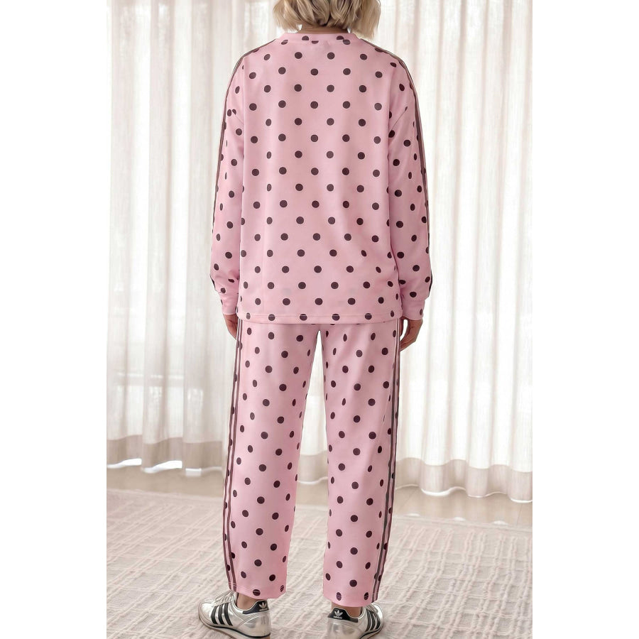 Pink Polka Dot Print Side Stripe Detail Long Sleeve Top Casual Pant Set / S Two Piece Sets/Pant Sets