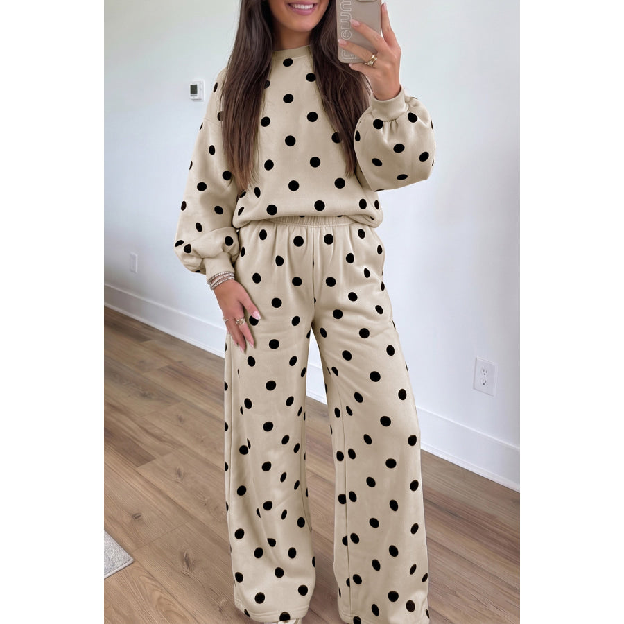 Pink Polka Dot Puff Sleeve Top Casual Pants 2pcs Set Beige / S Two Piece Sets/Pant Sets