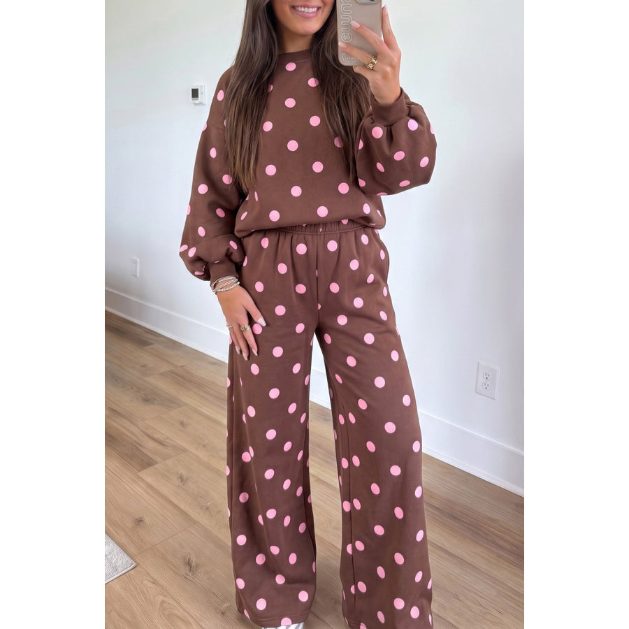 Pink Polka Dot Puff Sleeve Top Casual Pants 2pcs Set Brown / S Two Piece Sets/Pant Sets