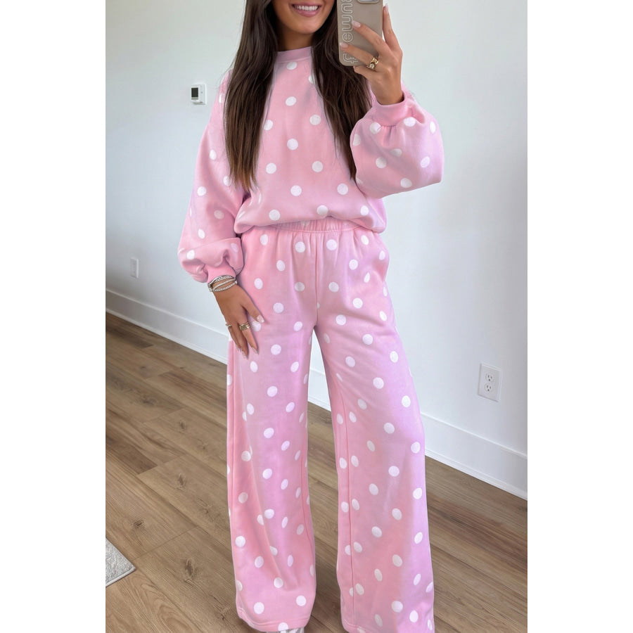 Pink Polka Dot Puff Sleeve Top Casual Pants 2pcs Set / S Two Piece Sets/Pant Sets