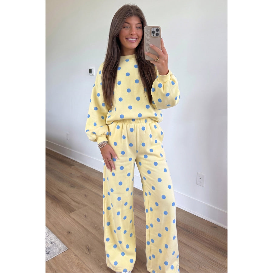 Pink Polka Dot Puff Sleeve Top Casual Pants 2pcs Set Two Piece Sets/Pant Sets