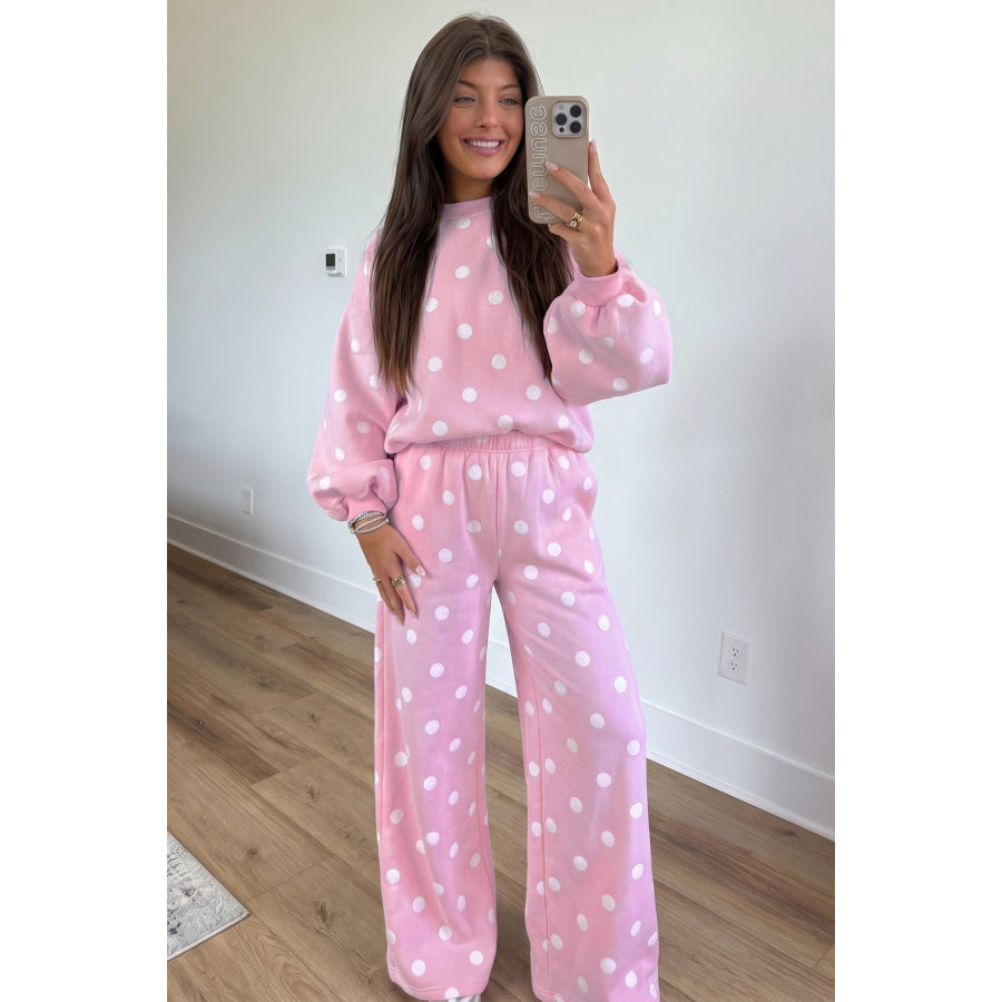 Pink Polka Dot Puff Sleeve Top Casual Pants 2pcs Set / S Two Piece Sets/Pant Sets