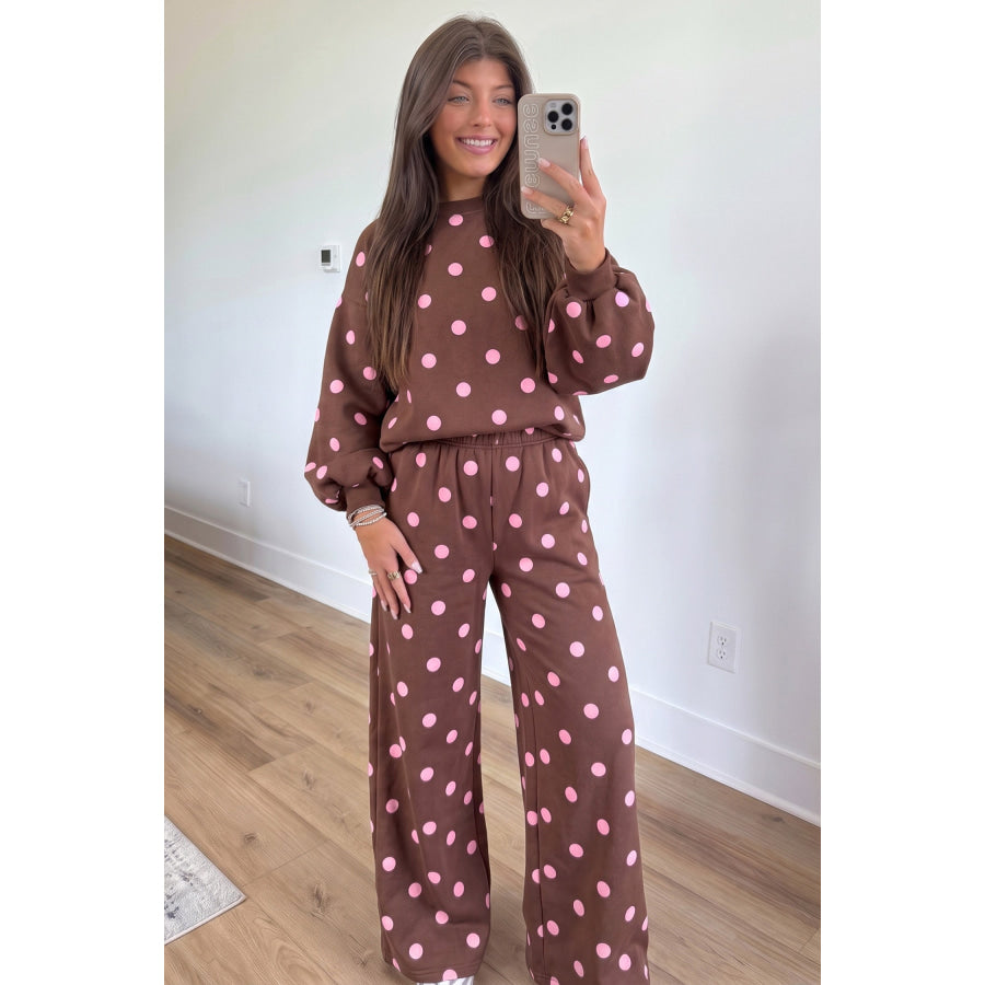 Pink Polka Dot Puff Sleeve Top Casual Pants 2pcs Set Two Piece Sets/Pant Sets