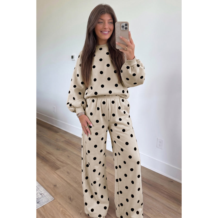 Pink Polka Dot Puff Sleeve Top Casual Pants 2pcs Set Two Piece Sets/Pant Sets