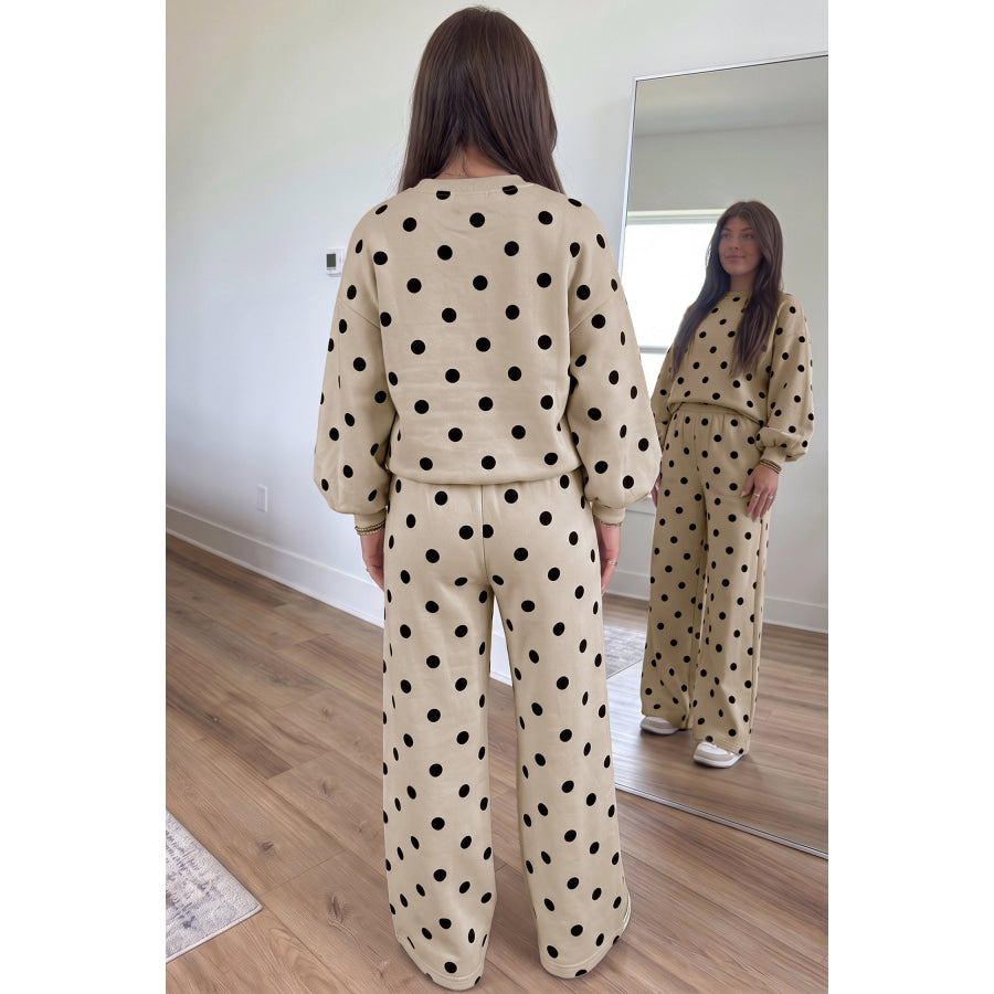 Pink Polka Dot Puff Sleeve Top Casual Pants 2pcs Set Two Piece Sets/Pant Sets