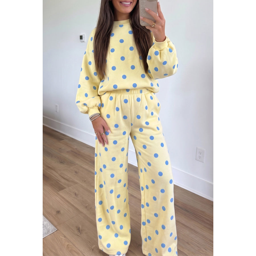 Pink Polka Dot Puff Sleeve Top Casual Pants 2pcs Set Yellow / S Two Piece Sets/Pant Sets