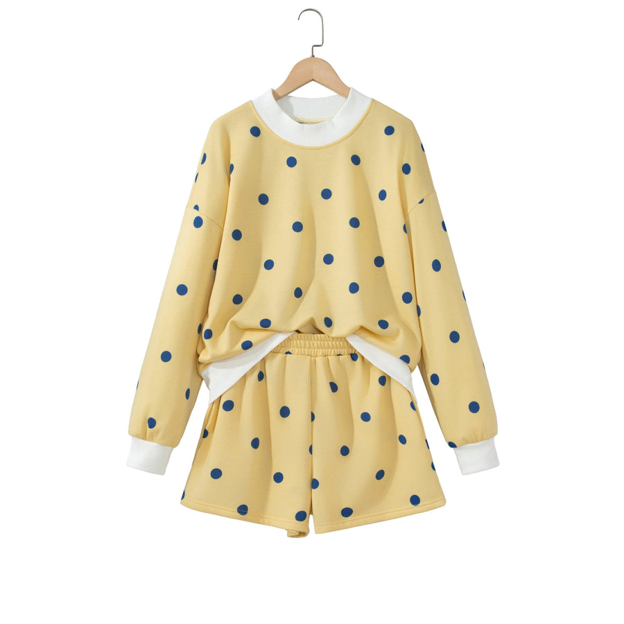 Pink Polka Dot Ribbed Trim Long Sleeve Top Casual Short Set Two Piece Sets/Short Sets