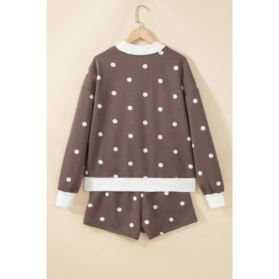 Pink Polka Dot Ribbed Trim Long Sleeve Top Casual Short Set Two Piece Sets/Short Sets